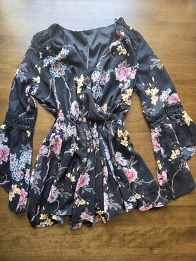 Black Floral Blouse Bell Sleeve Whimsical Boho Romper